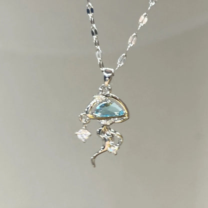 S925 sterling silver blue jellyfish necklace with adjustable chain on white background