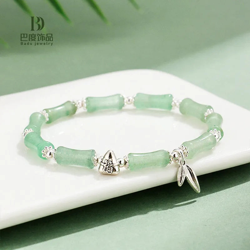 Green aventurine bamboo strawberry crystal bracelet with mixed natural stones and adjustable closure