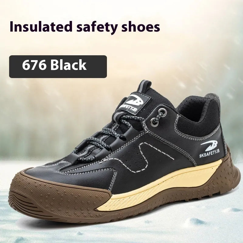 Flyknit work safety shoes with leather upper and rubber sole in multiple colour options