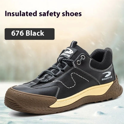 Flyknit work safety shoes with leather upper and rubber sole in multiple colour options