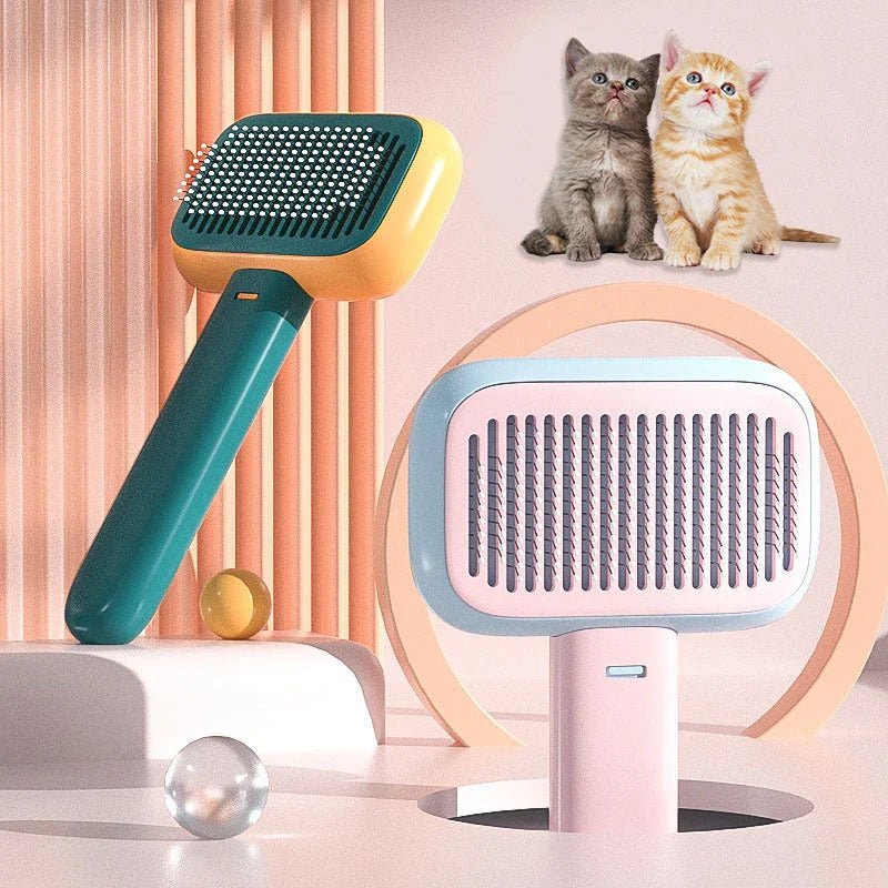Premium pet hair brush and massage comb for cats and dogs in grey, pink, and green colors