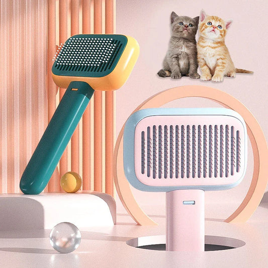 Premium pet hair brush and massage comb for cats and dogs in grey, pink, and green colors