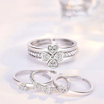 Adjustable four-leaf clover spinning ring set for women with zircon accents
