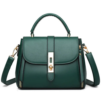Women's soft black PU leather messenger bag with adjustable strap shown front-on.