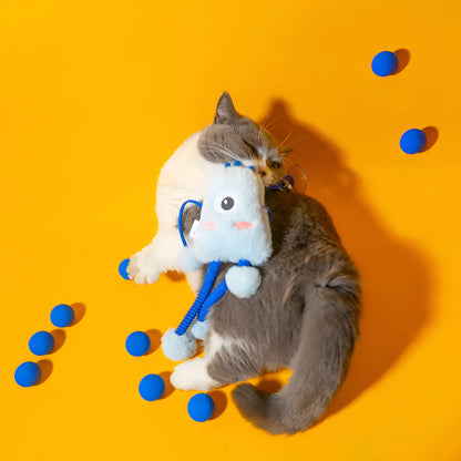 Blue telescopic cat toy with elastic rope, 30cm plush ring, and mint bell