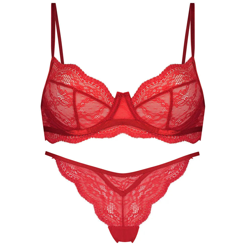 Women's black, green, or red French bra bikini set with fixed double straps