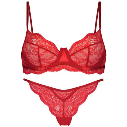 Women's black, green, or red French bra bikini set with fixed double straps