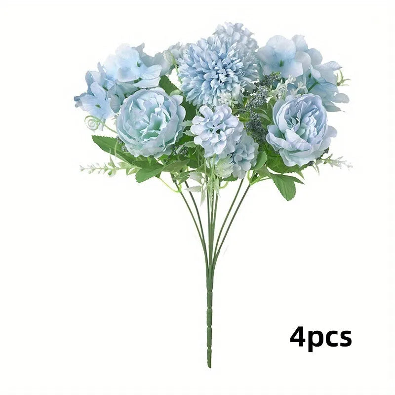 Combination artificial hydrangea flower arrangement in silk and plastic, shown in one of five available colours.