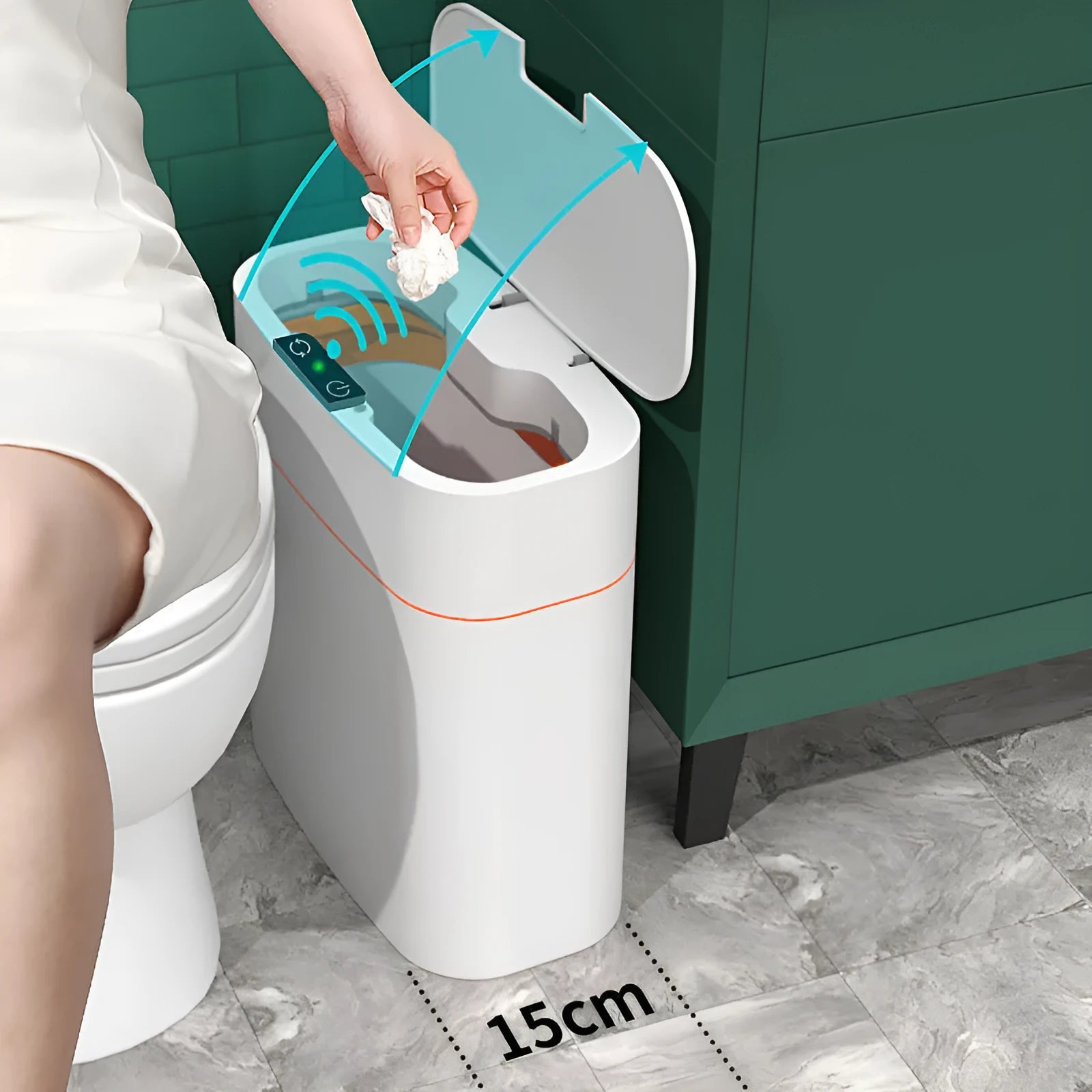 White smart induction trash can with automatic opening lid for kitchen or bathroom use