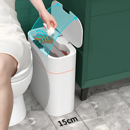 White smart induction trash can with automatic opening lid for kitchen or bathroom use