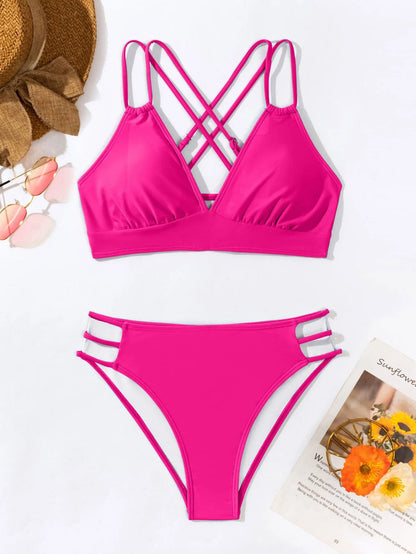Women's nylon V-neck halter bikini swimsuit in a choice of six colours