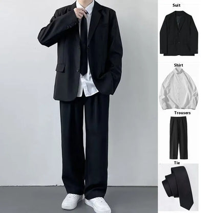 Plus size men's three-piece suit set with jacket, trousers, white shirt and tie