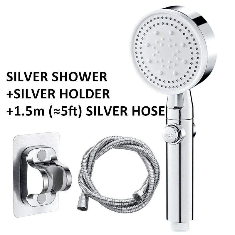 Premium 5-speed pressurized shower head with large water output, ABS construction, and modern minimalist design