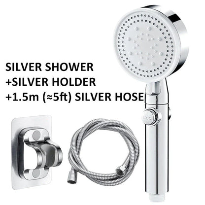 Premium 5-speed pressurized shower head with large water output, ABS construction, and modern minimalist design