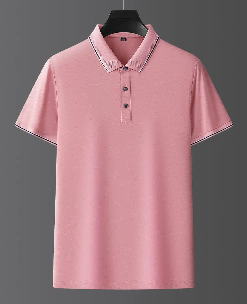 Men's mulberry silk short sleeve shirt in a solid colour on a hanger, showing regular fit and thin fabric for summer