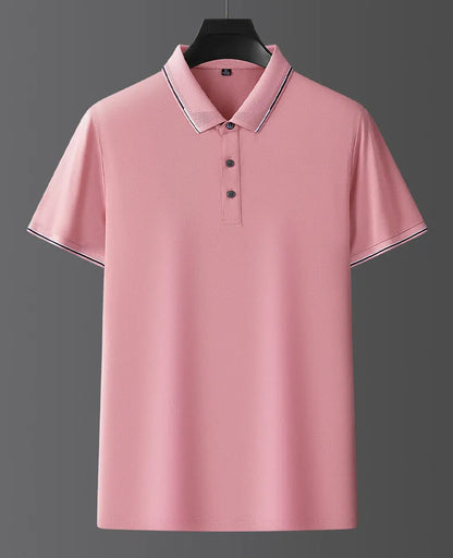 Men's mulberry silk short sleeve shirt in a solid colour on a hanger, showing regular fit and thin fabric for summer