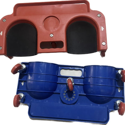 Plastic car repair knee board with universal wheel, shown in blue or red, for household kneeling tasks