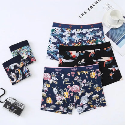 Men's cotton boxer shorts with floral print, showcasing the U-shaped convex design and mid-waist fit.