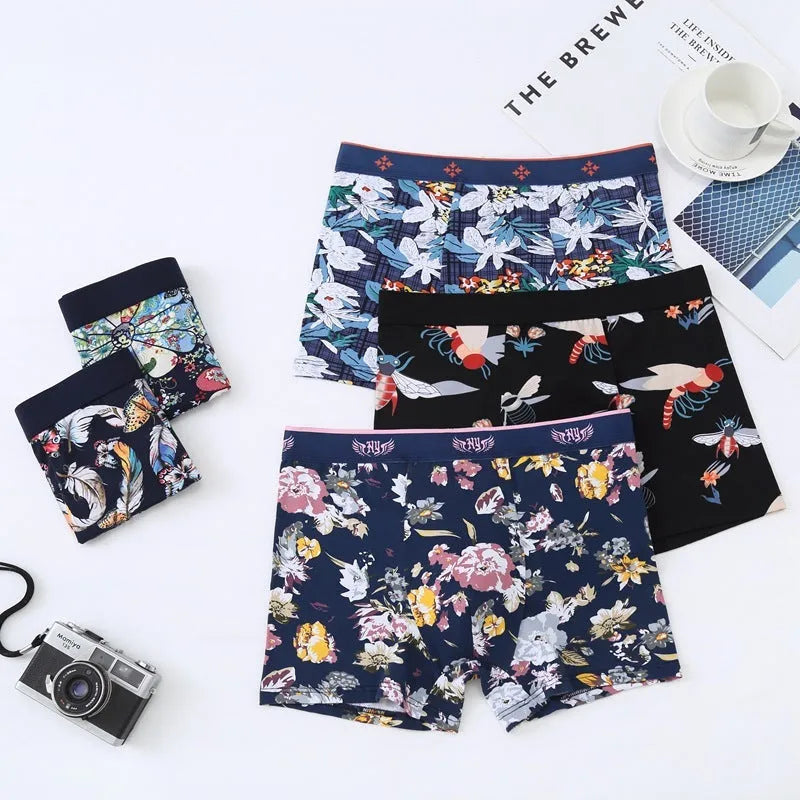 Men's underwear boxers in purified cotton with a breathable U-shaped convex design, available in mid-waist styles and multiple colourful floral prints for sizes from 3XL to 10XL with specific weight recommendations.