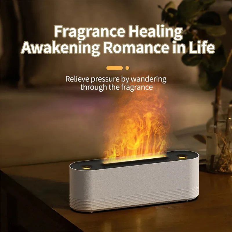 Black ultrasonic humidifier diffuser emitting cool mist with multi-colour LED flame light effect on a wooden surface.