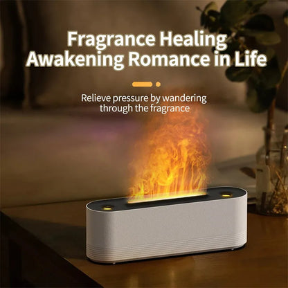 Black ultrasonic humidifier diffuser emitting cool mist with multi-colour LED flame light effect on a wooden surface.