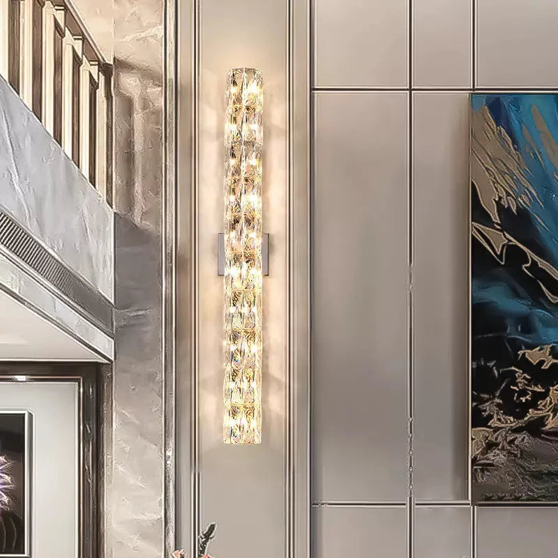 Silver or gold linear crystal wall lamp with LED lighting in various lengths for hallway or bedroom.