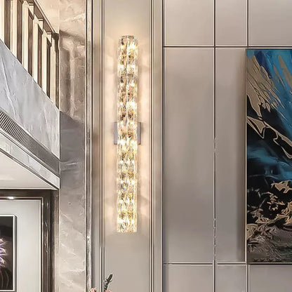 Silver or gold linear crystal wall lamp with LED lighting in various lengths for hallway or bedroom.