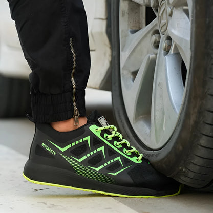 Black ultra-light labour protection shoes with steel toe cap and lace-up front closure
