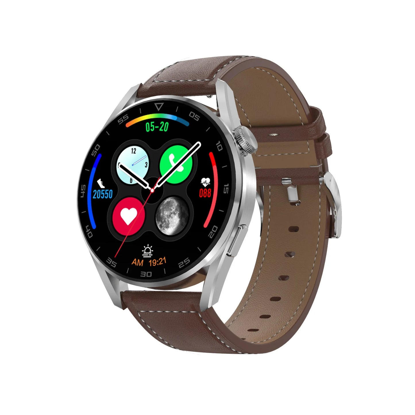 Black Bluetooth smart watch with metal case and leather strap on a wrist, showing call screen.