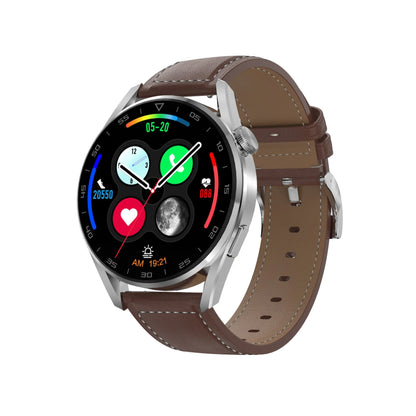 Black Bluetooth smart watch with metal case and leather strap on a wrist, showing call screen.