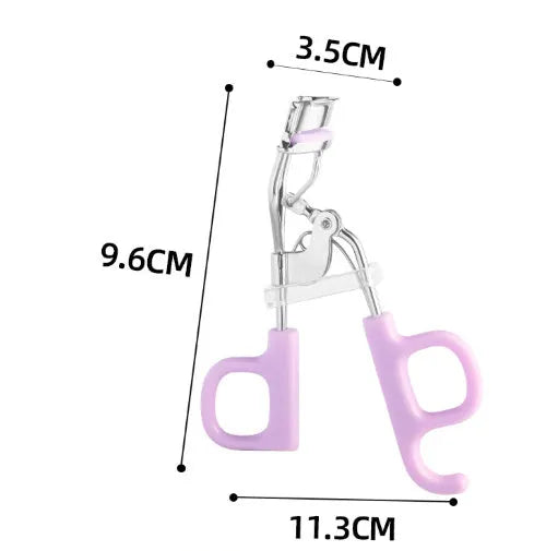 A4 chromium-coated scissor-style eyelash curler with tail design in pink or purple colour options