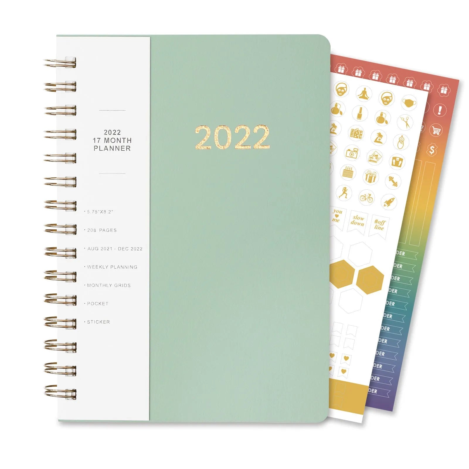 2022 week planner notebook with PU leather cover and coil binding, showing month grid pages
