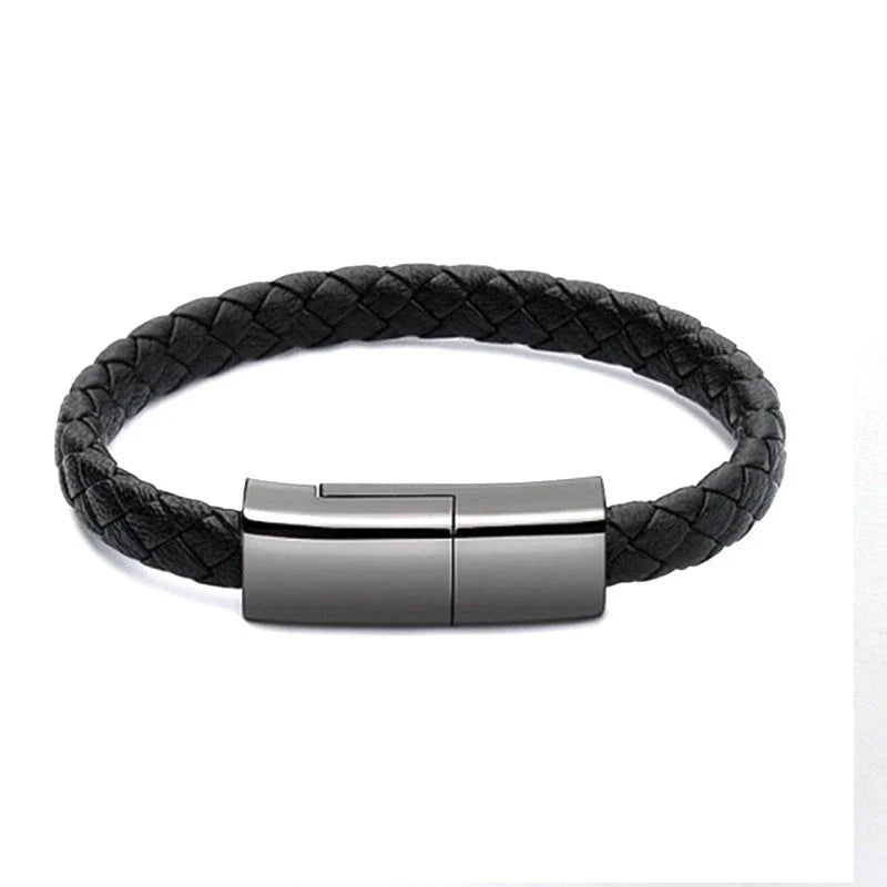 Stylish leather bracelet with built-in charging cable for smartphones and USB-C devices