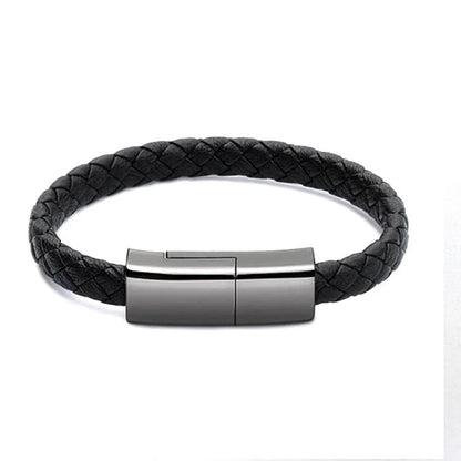 Stylish leather bracelet with built-in charging cable for smartphones and USB-C devices