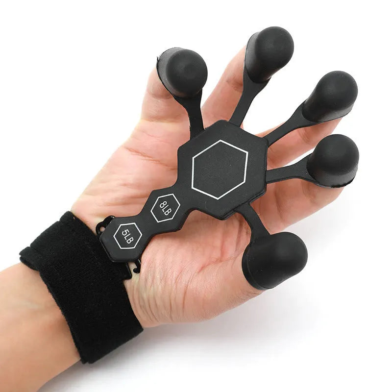 Men's silicone 5-finger rehabilitation power shooting brace hand trainer for adult fitness equipment, health massage, and body shaping, available in black, grey, or as a set in standard packaging