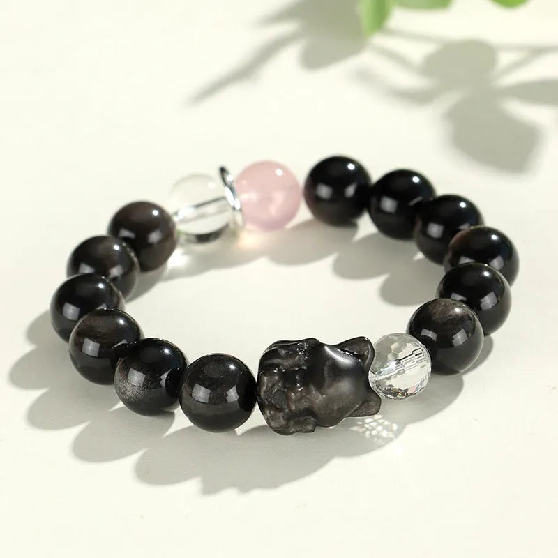 Silver stone crystal beaded bracelet with white, pink and navy blue diamond-cut crystals