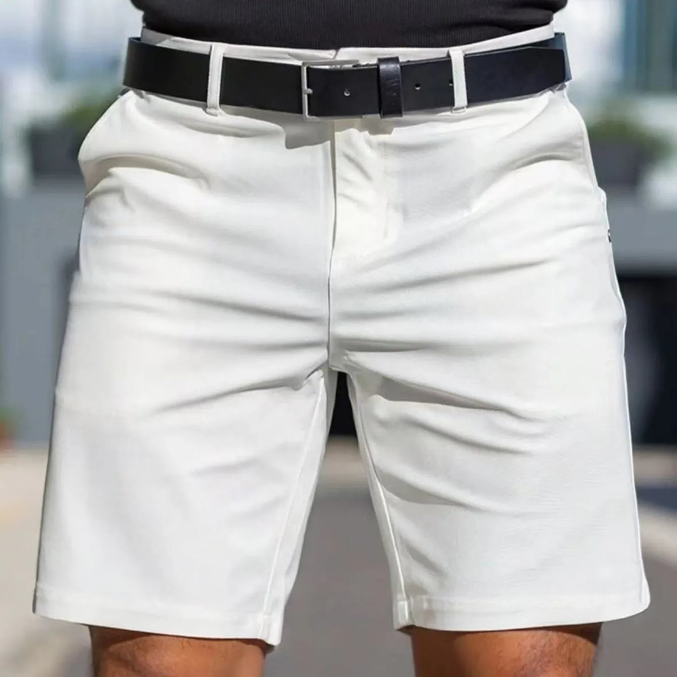 Men's straight-cut fifth pants in a solid light grey colour, showing the tailored fit.