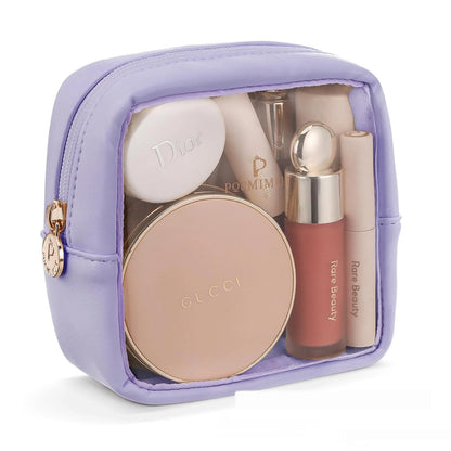 Transparent PVC leather cosmetic bag showing interior organisation with dry wet separation