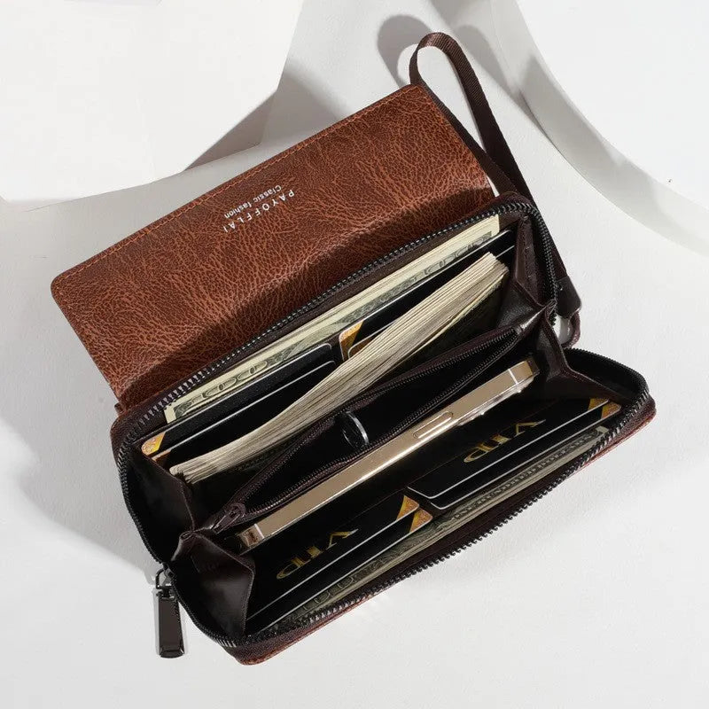 Men's black PU leather wallet showing multiple card slots and 19x10.5x4cm dimensions