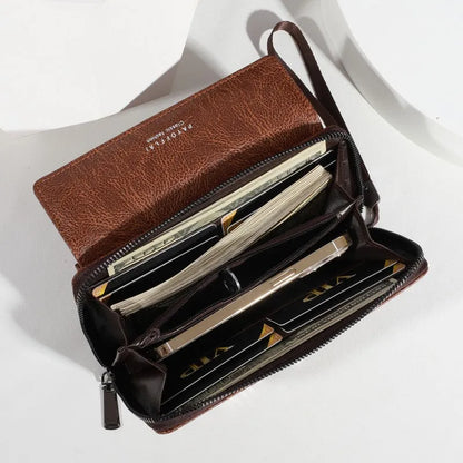 Men's black PU leather wallet showing multiple card slots and 19x10.5x4cm dimensions