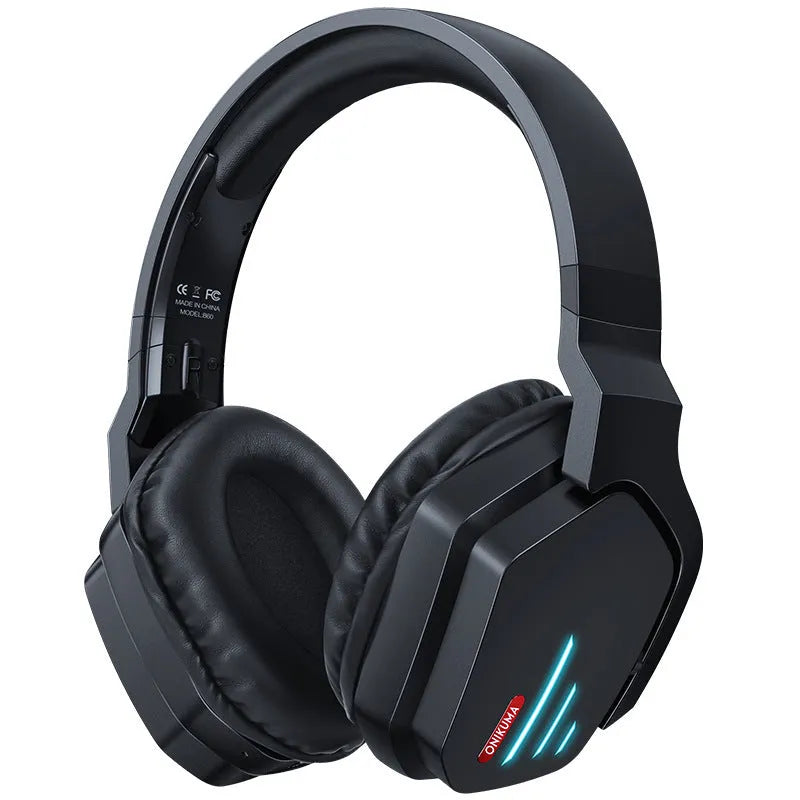 Luminous black wireless gaming headphones showing over-ear design and head-mounted construction