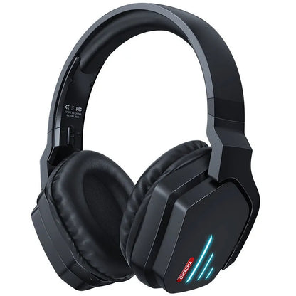 Luminous black wireless gaming headphones showing over-ear design and head-mounted construction