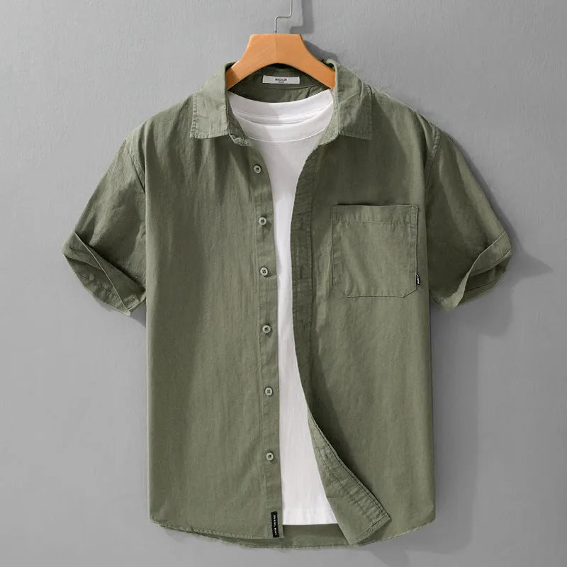 Men's casual short sleeve shirt in pure cotton with loose fit, shown in multiple colour options