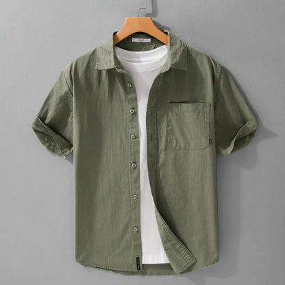 Men's casual short sleeve shirt in pure cotton with loose fit, shown in multiple colour options