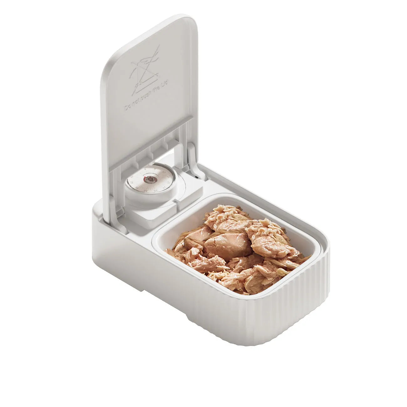 White automatic pet feeder with timer display, ice crystal cooling box, and modular connectors.