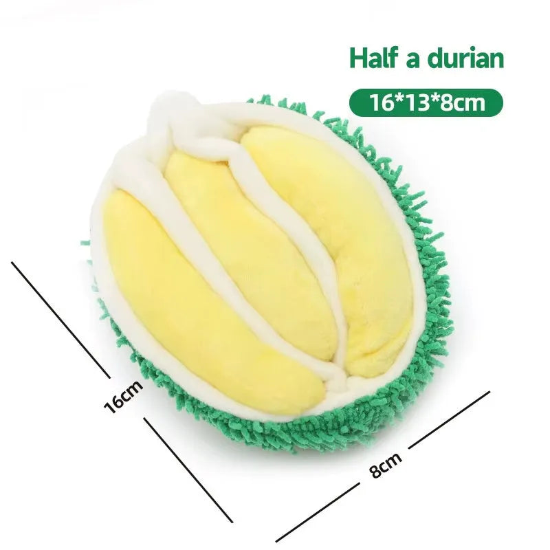Interactive squeaky dog toy for puppies and small breeds in a choice of Banana Monkey, Carrot Rabbit, Durian, or Pea shape