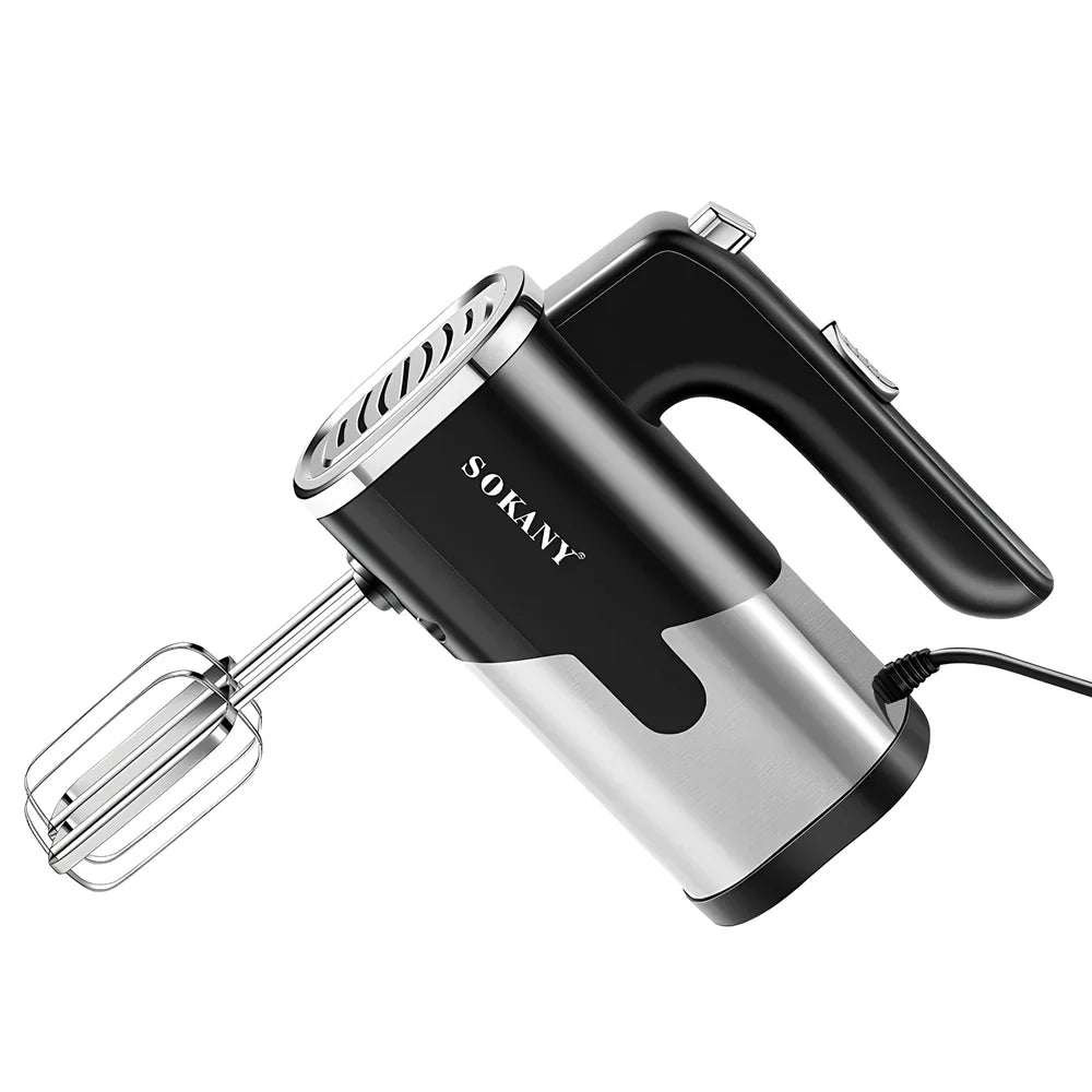 Black handheld electric whisk with stainless steel beaters and five speed buttons