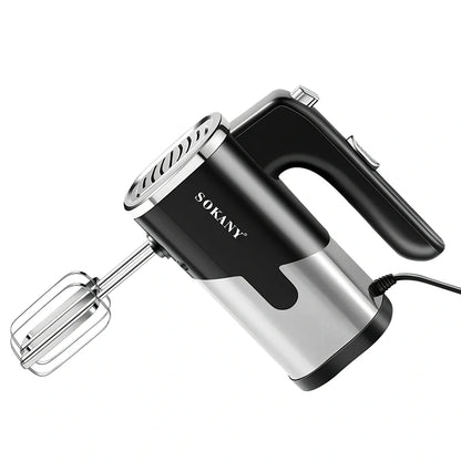 Black handheld electric whisk with stainless steel beaters and five speed buttons