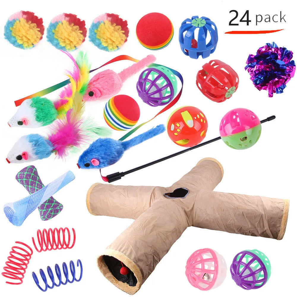 Plastic cat toy set with coloured tunnel channels and a ball for interactive indoor play.