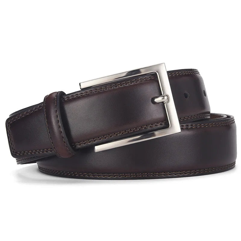 Men's genuine leather belt with pin buckle in black and brown colour options showing length measurements